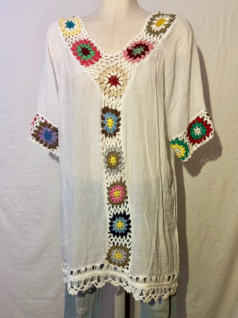 India Botique Granny Crochet Tunic Cover Up Top Boho Hippie Festival Beach XL
